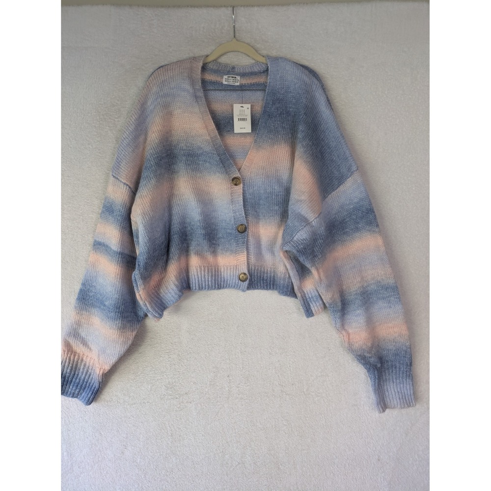 NEW Cotton On Cardigan Women's 20/22 Blue Pink Ombre Cropped Fluffy V-Neck